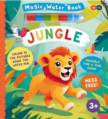 Jungle-themed children’s water coloring book with lion, bird, and pen.