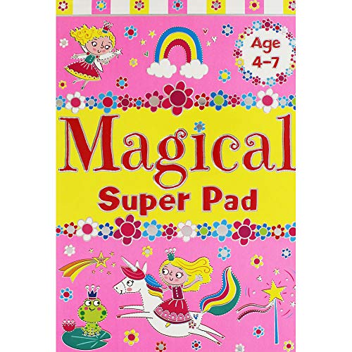 Colorful children’s activity pad with unicorns, fairies, and a rainbow.