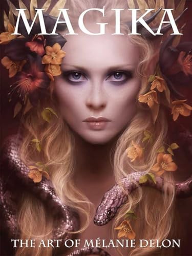 Woman with long blonde hair and flowers in her hair, surrounded by a snake.