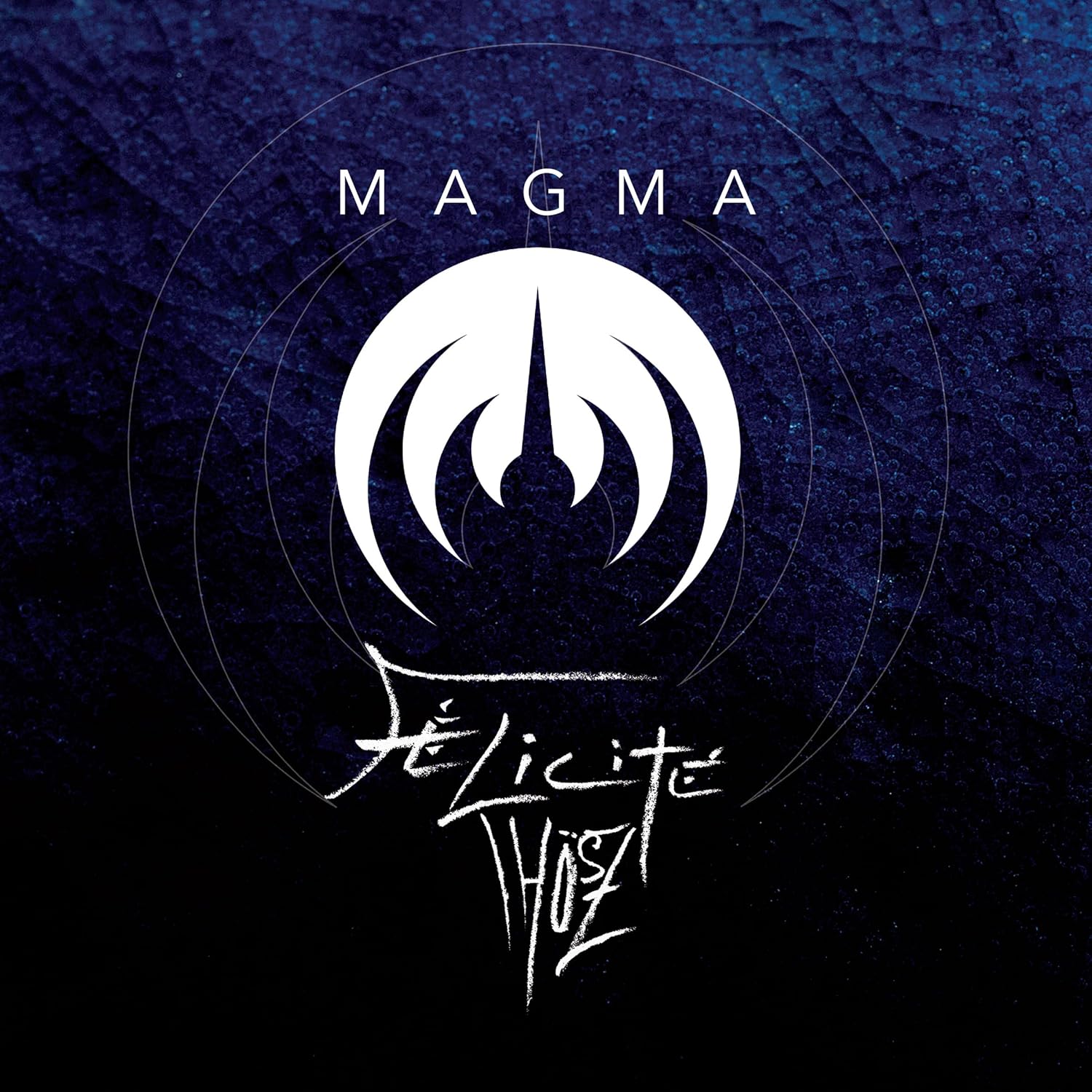 Album cover featuring a white logo and text over a dark blue textured background.