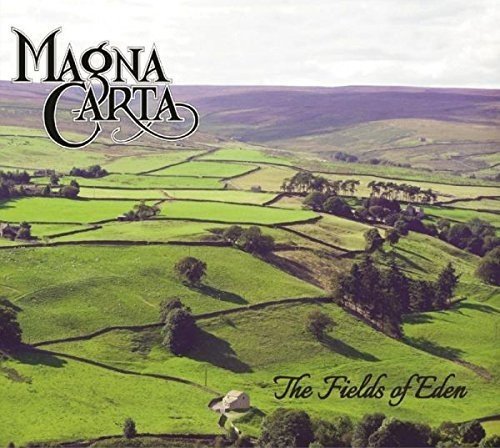 "Album cover with 'Magna Carta' and 'The Fields of Eden' text, green rolling hills landscape."
