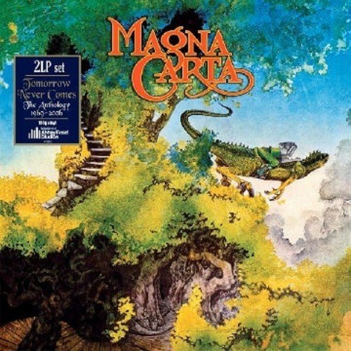 "Album cover art: 'Magna Carta' with dragon and staircase, 2LP set label."