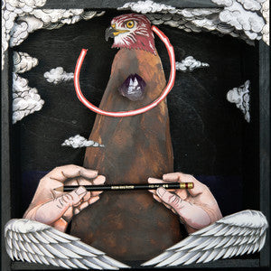 A hawk head atop a brown monolith with hands holding a pencil, framed by clouds.