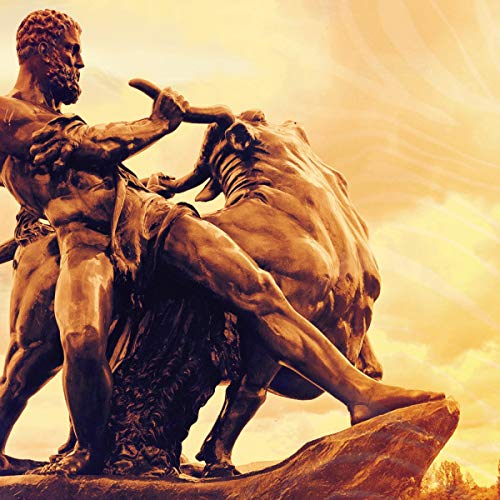 Bronze statue of a muscular man wrestling with a bull.