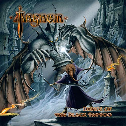 A hooded figure in a purple robe faces a large winged dragon in fantasy art.