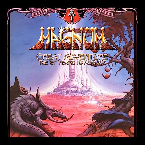 Magnum album cover: fantasy landscape with dragons and a futuristic city.