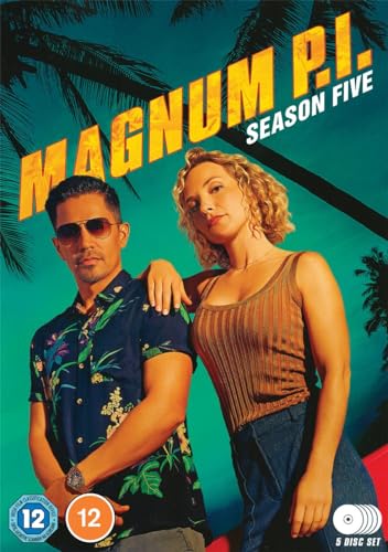 Magnum P.I. Season Five DVD cover featuring a man and woman against palm trees.