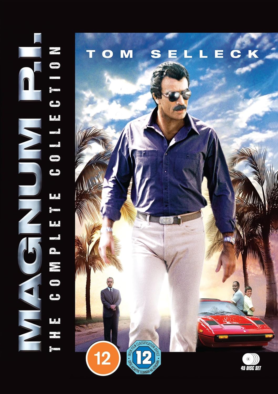 Tom Selleck wearing sunglasses in a Magnum P.I. complete collection DVD box set cover.