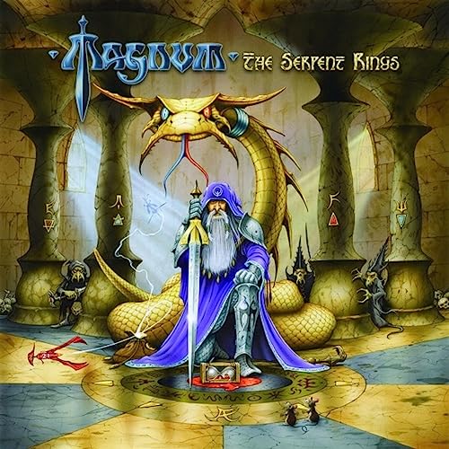 CD cover art: wizard with serpent, fantasy illustration, stone architecture.