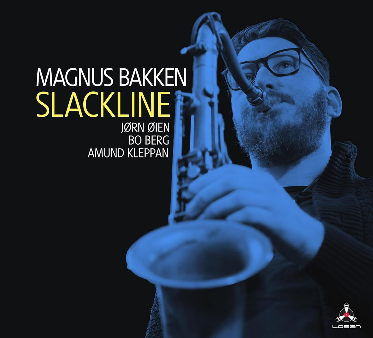 CD cover: Magnus Bakken with saxophone, blue tone, text details.