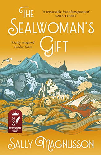 Book cover: “The Sealwoman’s Gift” with Icelandic landscape and figures.