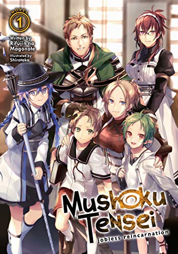 Cover of “Mushoku Tensei” light novel, featuring anime-style characters.