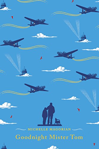 "Blue book cover with planes, clouds, and silhouettes of a man, boy, and dog."