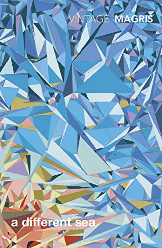Book cover: abstract blue and pink geometric shapes, title “a different sea”.