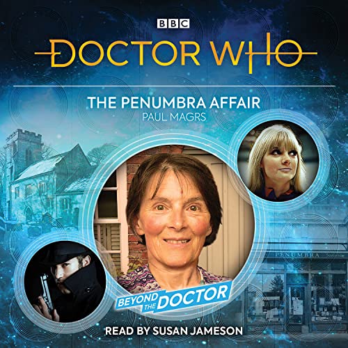 Doctor Who audiobook cover featuring portraits and a village scene.