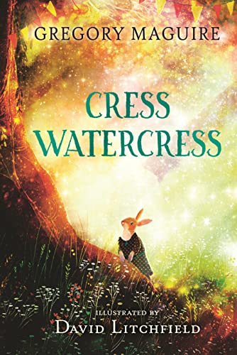 Book cover for "Cress Watercress" with a rabbit and starry background.