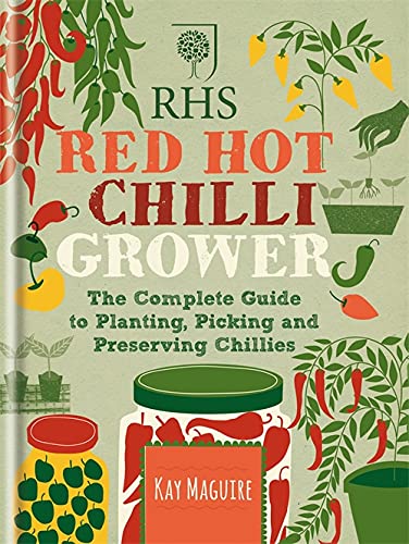 Book cover: "RHS Red Hot Chilli Grower" with chilli illustrations.