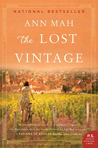 Book cover with a woman standing in a vineyard overlooking a town.