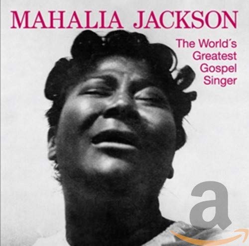 Mahalia Jackson album cover, black and white portrait of a woman singing.