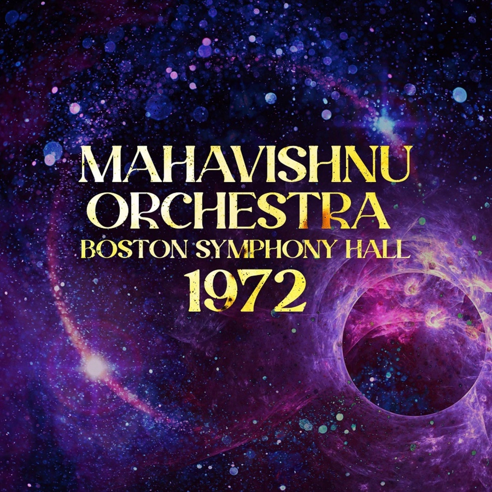 Mahavishnu Orchestra album cover with swirling nebula and gold lettering.