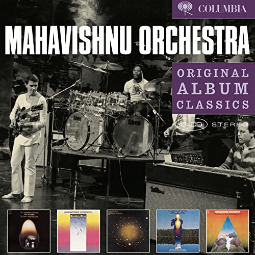 Mahavishnu Orchestra album cover featuring musicians and drum kit, with smaller album art below.