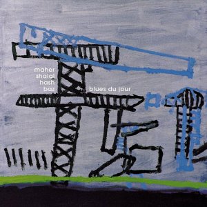 Album cover: abstract painting of blue cranes on a gray background.