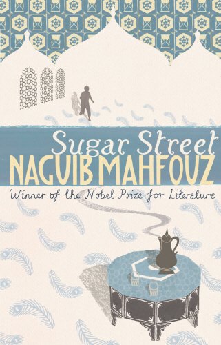 Book cover for Sugar Street by Naguib Mahfouz featuring silhouettes and an ornate table.