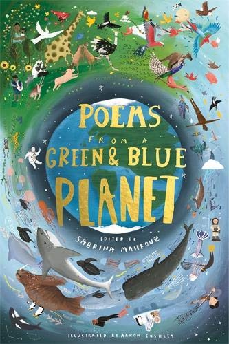 Book cover depicting Earth with animals, titled “Poems from a Green & Blue Planet.”