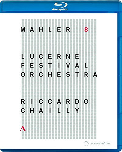 Blu-ray cover for Mahler Symphony No. 8 with grid background.
