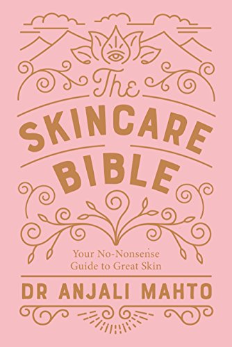 The image depicts a book cover with a pink background and gold text and illustrations. Alt text: Pink book cover with gold title "The Skincare Bible" and floral designs.