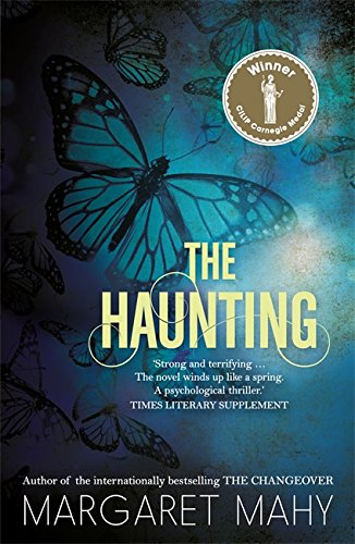 Book cover for The Haunting by Margaret Mahy featuring blue butterflies on a dark background.
