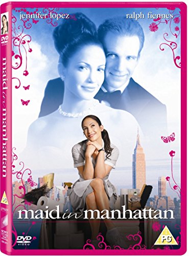 "Maid in Manhattan DVD cover featuring Jennifer Lopez and Ralph Fiennes with a cityscape."