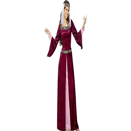 Woman wearing a long burgundy medieval-style dress with a white veil and headpiece.
