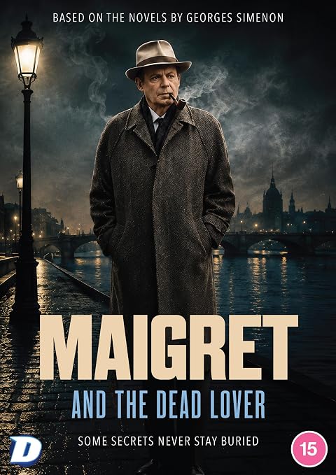 Detective Maigret in a coat and hat, riverside London background.