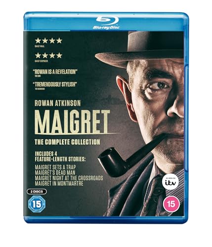 Blu-ray cover featuring Rowan Atkinson as Maigret with a pipe, wearing a hat.