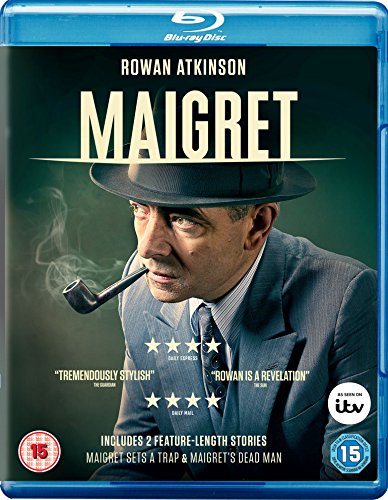 Rowan Atkinson as Maigret wearing a hat and smoking a pipe on Blu-ray cover.