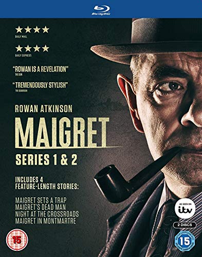 Blu-ray cover featuring Rowan Atkinson as Maigret with a pipe and hat.