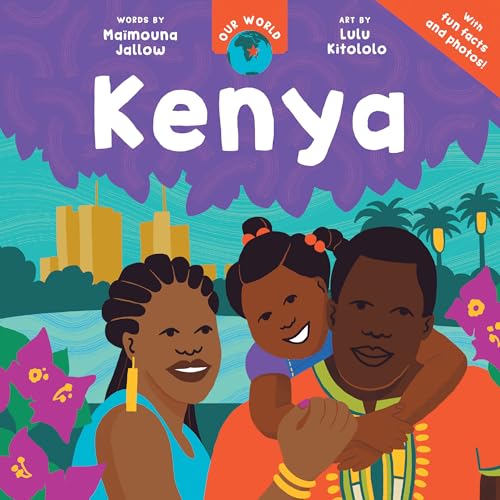 Book cover: "Kenya" with illustration of a family and city skyline.