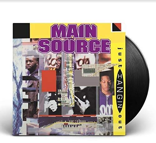 "Vinyl record sleeve with yellow cover, purple text, and collaged images."