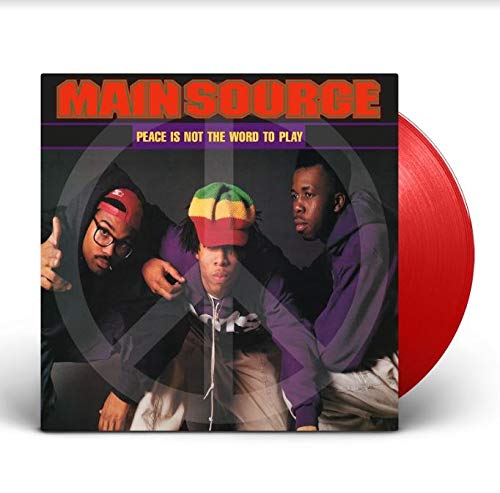 The image shows a vinyl record sleeve with a red vinyl partially visible. The sleeve features three men, and the text "Main Source" is prominently displayed in red at the top. Alt text: Red vinyl record with "Main Source" cover featuring three men.