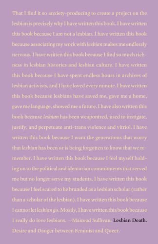 Purple book cover with white text quoting the author, Mairéad Sullivan, and title “Lesbian Death.”