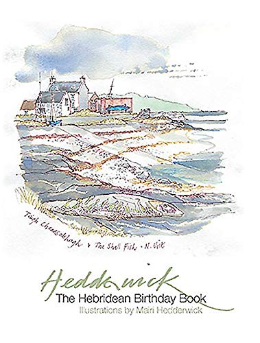 Watercolor painting of a coastal village and large fish illustration.