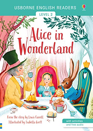 Book cover showing Alice, the Mad Hatter, and the March Hare at a tea party.