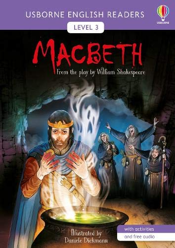 Macbeth book cover depicts a cauldron scene with witches and a king.