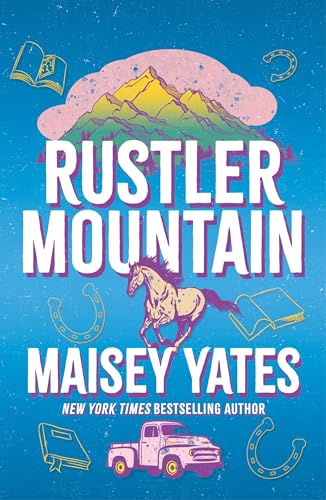 Book cover: mountains, a horse, truck, and horseshoe doodles in blue.