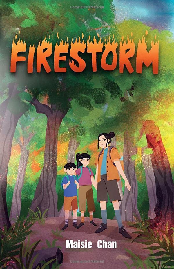 Book cover depicting children facing a forest fire with bright orange flames.