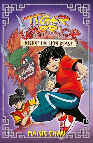 Book cover showing two young characters in action poses with a large lion beast.