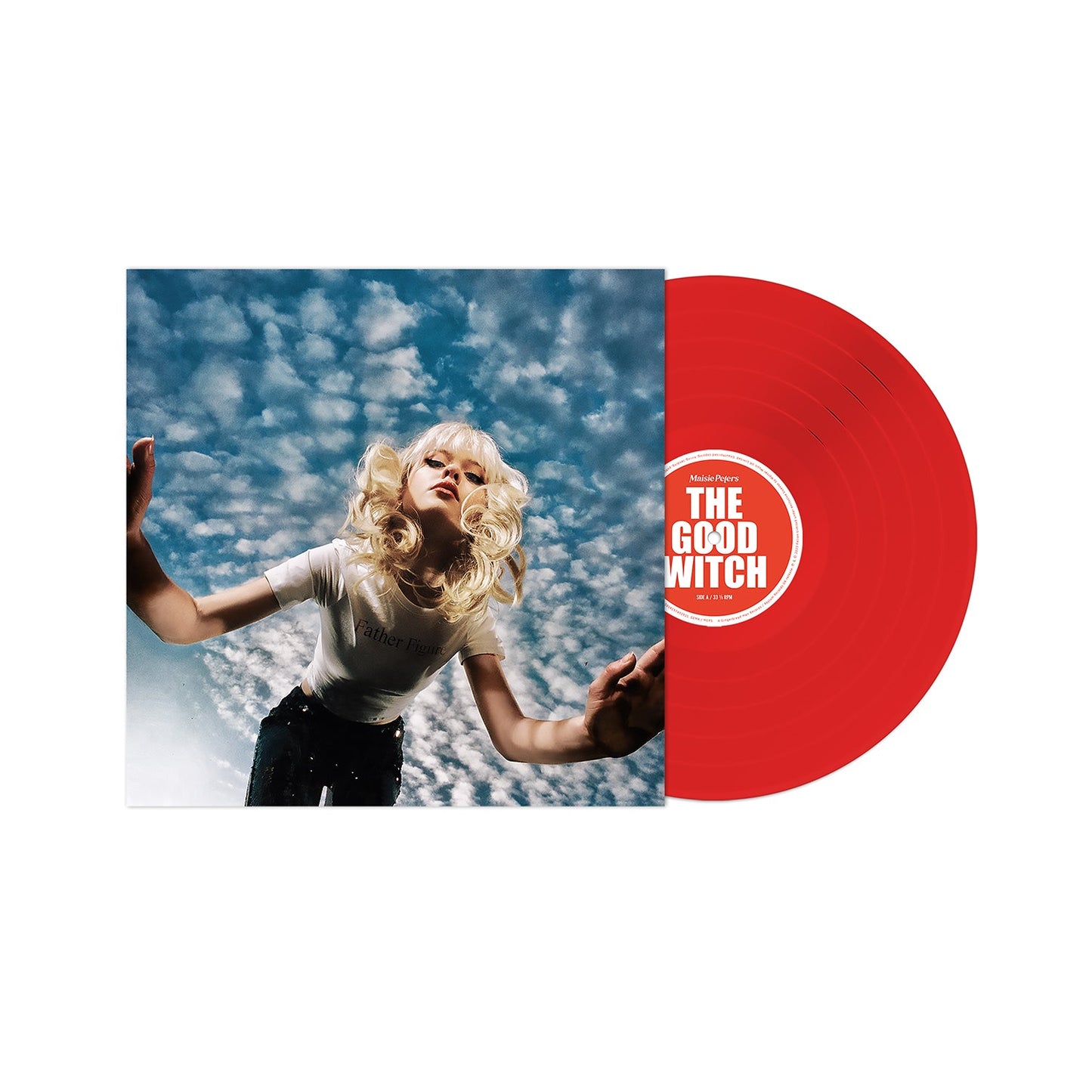 "Red vinyl record with 'The Good Witch' label and album cover featuring a blonde woman."
