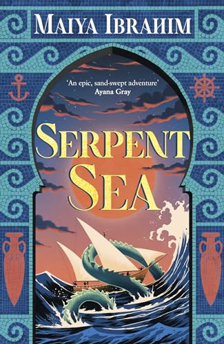 Book cover: ship battling a sea serpent amidst stormy waves.
