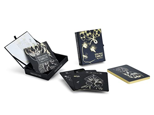 Navy blue tarot deck and guidebook in a black gift box, with cards.